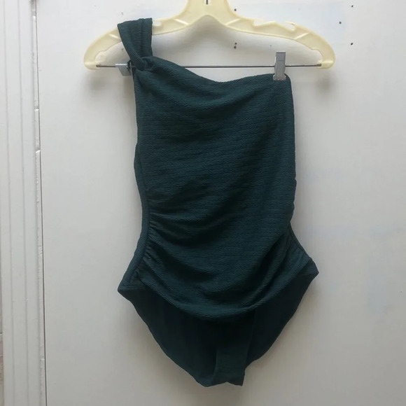 Anne Cole One Shoulder Twist One Piece Swimsuit  Emerald Green ruched slimming - Picture 2 of 7